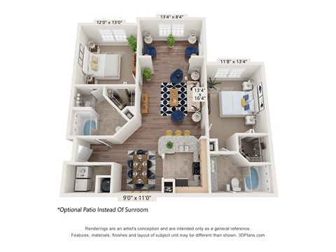 Floor plan for 2 beds, 2 baths, 1160 sqft